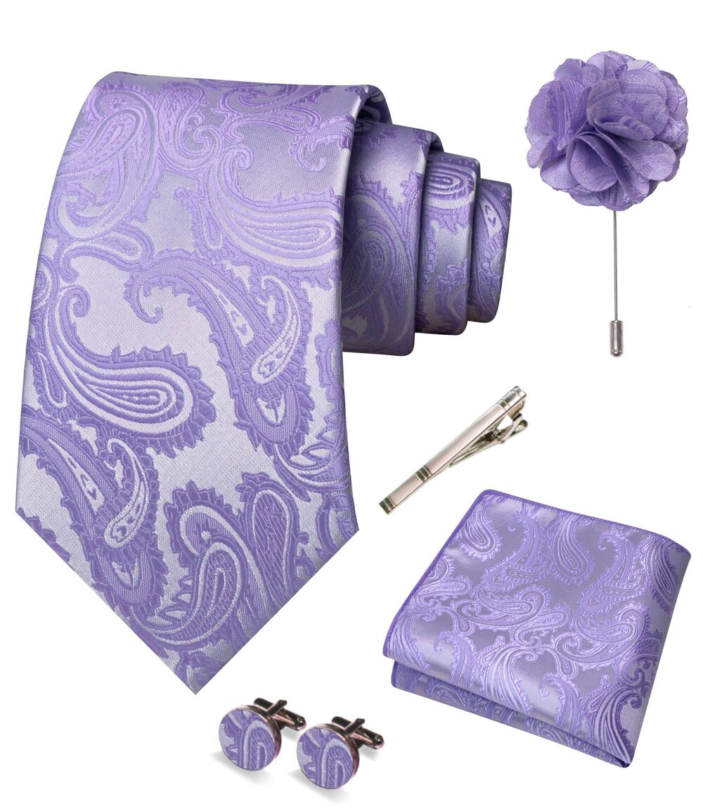 3797 Lavender Paisley Tie Necktie and Pocket Square with Lapel
